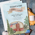 Convites Acampamento de Vintage do Camper Feliz primeiro an<br><div class="desc">Um primeiro aniversario Feliz para Camper Party Convide com ilustração aquosa de uma camper vintage decorada com o bunting. A carrinha de camper está em uma área arborizada com árvores e rochas na borda d'água. Fácil de editar com o nome da feliz câmera e os detalhes do convite de aniversário....</div>