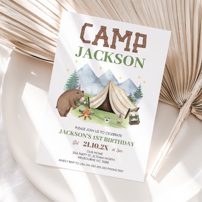 Convites Acampamento do Urso Castanho Bonito - primeiro ani (Camping Themed 1st Birthday Invitation Boy Mountain Scene Bear Happy Camper First Birthday Template)