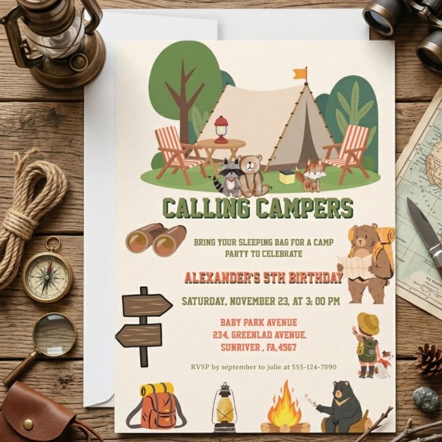 Convites Acampamento Florestal Festa de Aniversário (Criador carregado)