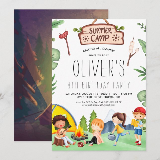 Convites Acampamento Infantil de Verão | Festa de Aniversár (Frente/Verso)