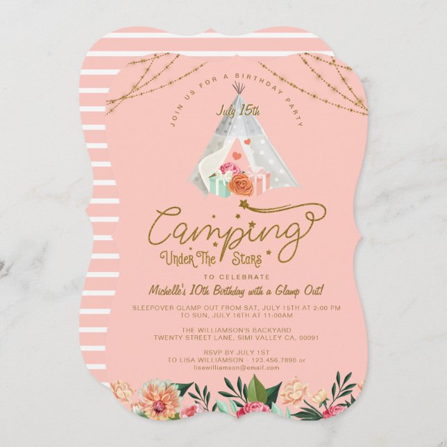 Convites Acampamento sob as Estrelas Tepee Pink e Camping D (Frente/Verso)