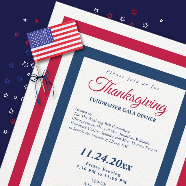 Convites Ação de Graças 2026, Janto Gala (Patriotic Thanksgiving fundraiser gala dinner invitation close-up on laid paper with flag and ribbon)