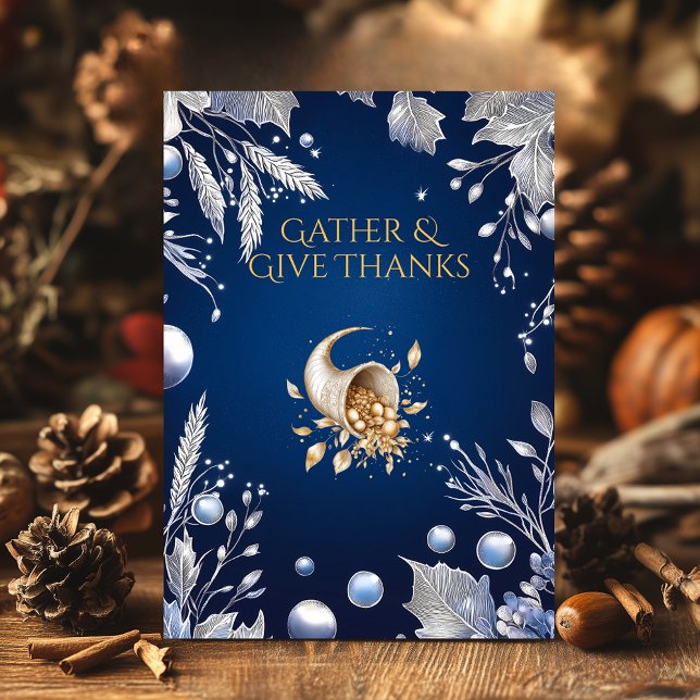 Convites Ação de Graças Azul Elegante com Cornucopia e Prat (Criador carregado)
