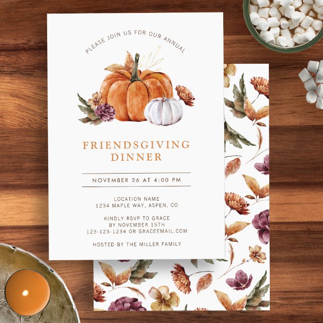 Convites Ação de Graças das Abóboras com Amigos (Watercolor autumn floral pumpkin Friendsgiving dinner party invitation by Painted Paperie
)