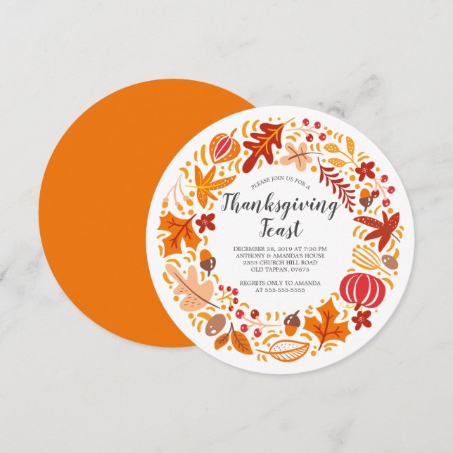 Convites Ação de Graças de Autumn Leaf Wreath (Frente/Verso)