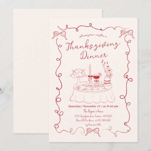 Convites Ação de Graças de Mesa de Janto Imporal Desenhada  (Frente/Verso)