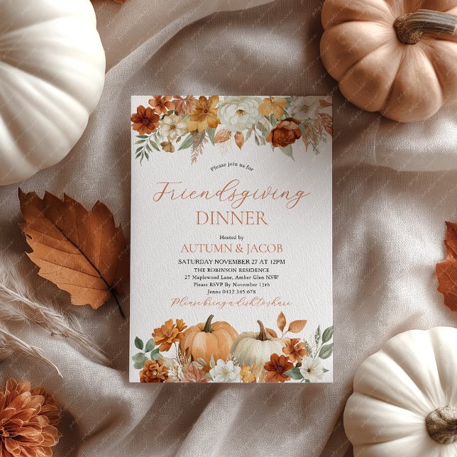 Convites Ação de Graças do Dia de Amizade Abóbora Folhas de (Friendsgiving Rustic Invitation Thanksgiving Dinner Party)