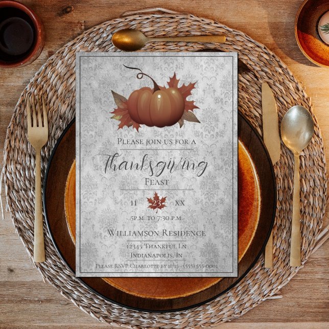 Convites Ação de Graças Pumpkin Damask | Janta de Cinzas (Thanksgiving Pumpkin Damask Dinner Invite - Gray)
