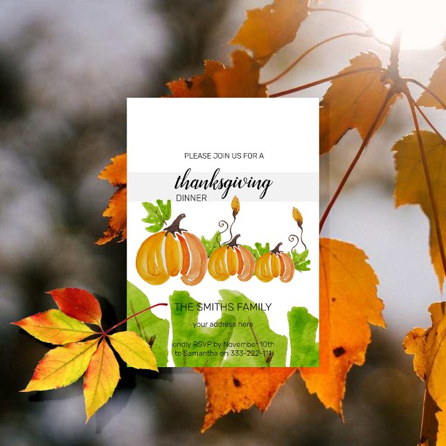 Convites Ação de Graças Watercolor Pumpkins (Criador carregado)