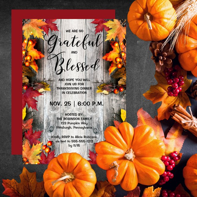 Convites Ação de Graças, Woodsy Rústico Jante Grateful Aben (Thanksgiving Dinner Rustic Woodsy Wood-Look and Leaves Grateful and Blessed Invitation)