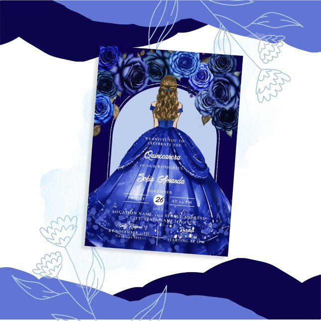 Convites Acento Floral Elegante Azul Real Festa Princesa (Criador carregado)