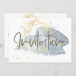 Convites Acentos Dourados de Aquarela Azul Elegante Ombré