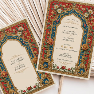 Convites Acentos Florais Vermelhos e Dourados de Casamento