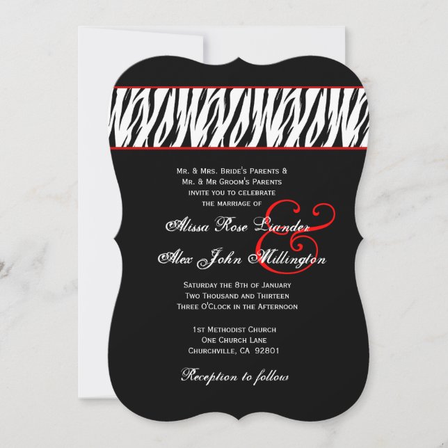 Convites Acentos vermelhos da zebra branca preta que (Frente)