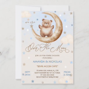 Convites Acima Da Lua Urso Azul Menino Chuveiro