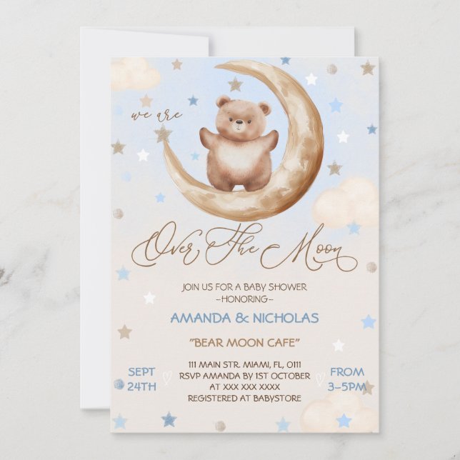 Convites Acima Da Lua Urso Azul Menino Chuveiro (Frente)