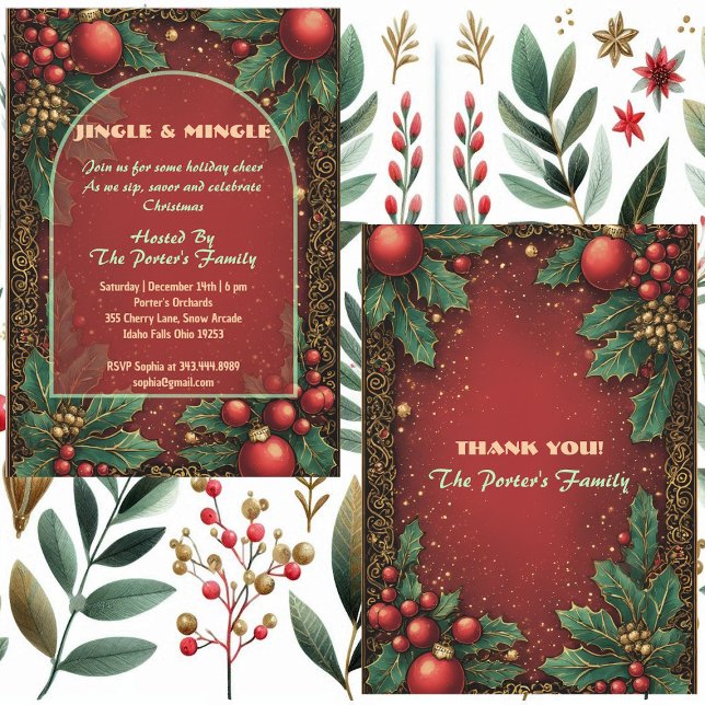 Convites Aconchego e Encontro Motivos de Azevinho de Natal  (Jingle and Mingle Christmas Holly Motifs Red Berry Invitation)