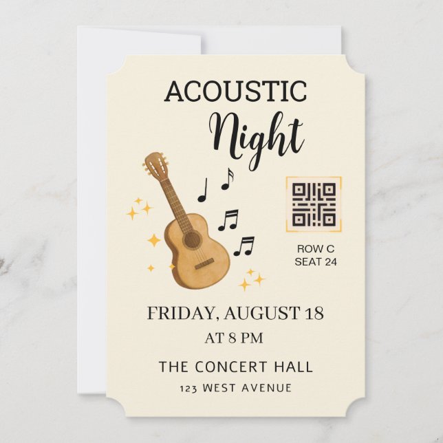Convites Acoustic Music Event Ticket Pass with QR Code (Frente)