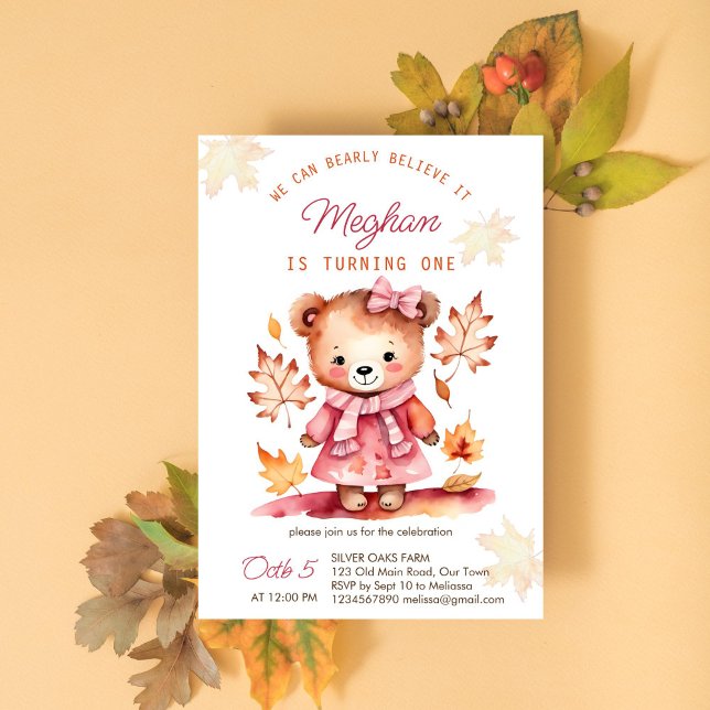 Convites Acreditem que a ursinho da garota cai na festa de  (Bearly believe cute girl teddy bear birthday party template invitation instant download fall themed)