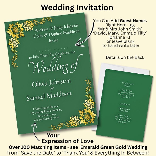 Convites Add Guest Name Purple Emerald Green & Gold Wedding (Criador carregado)