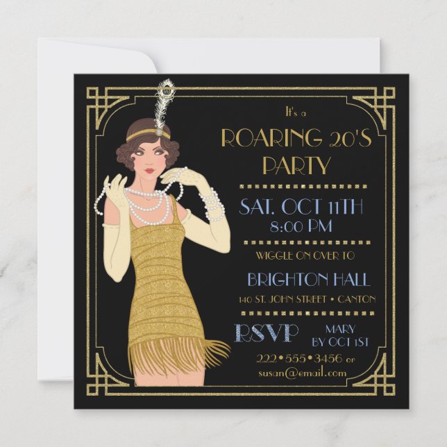 Convites Adereços dourados de Flapper dos anos 20 (Frente)