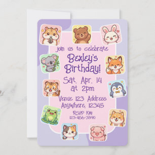 Convites Adesivo de Animal Kawaii Rosa Roxo Aniversário