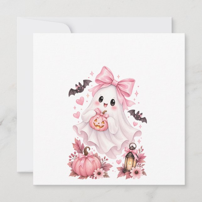 Convites Adesivo de Halloween Fantasma com Laço Rosa Fofo (Frente)