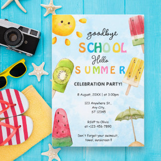 Convites Adeus, escola, olá, festa de verão