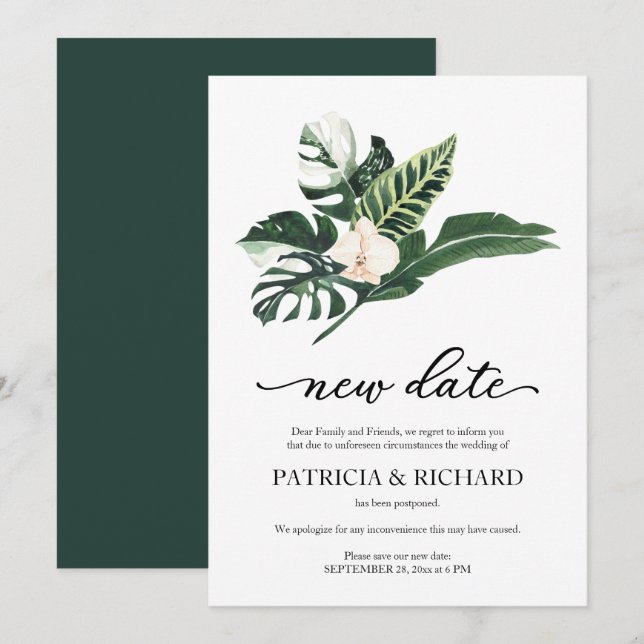 Convites Adiamento de Casamento com Nova Data Floral Tropic (Frente/Verso)