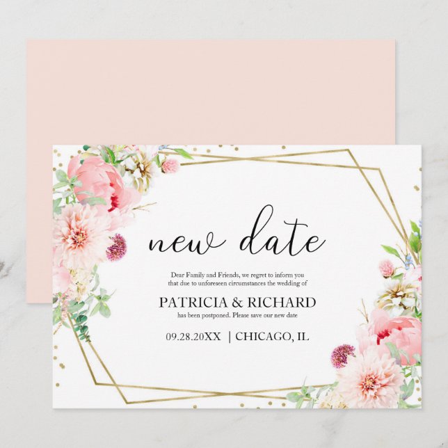 Convites Adiamento de casamento geométrico floral rosado (Frente/Verso)