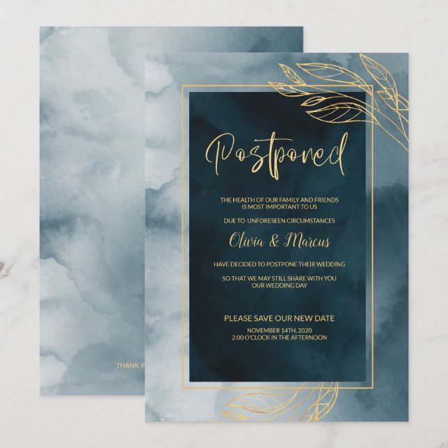 Convites Adiamento do Casamento Azul Marinho e Dourado Aqua (Frente/Verso)