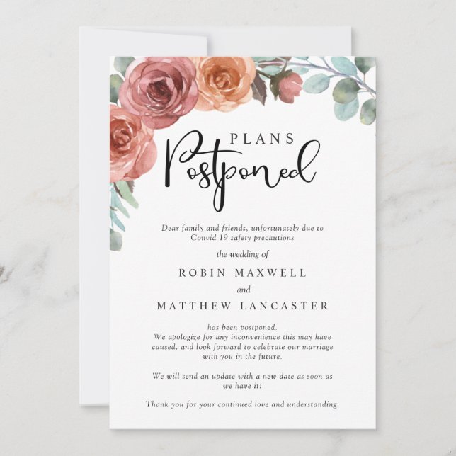 Convites Adiamento do casamento - Cancelamento - Mudança de (Frente)