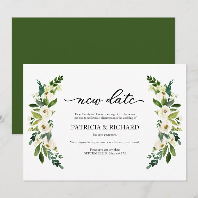 Convites Adiamento do Casamento com Nova Data Floral Verde (Frente/Verso)