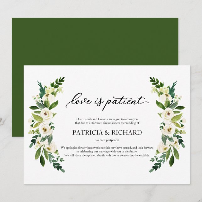 Convites Adiamento do Casamento Paciente de Amor Verde (Frente/Verso)