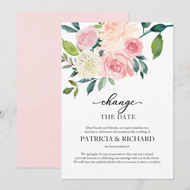 Convites Adiar o Blush Floral de Casamento Mudar a Data (Frente/Verso)