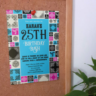 Convites Adicione seu Azulejo decorativo Magenta Borda azul