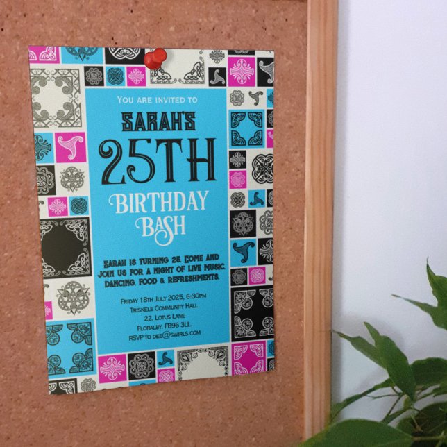 Convites Adicione seu Azulejo decorativo Magenta Borda azul (Criador carregado)