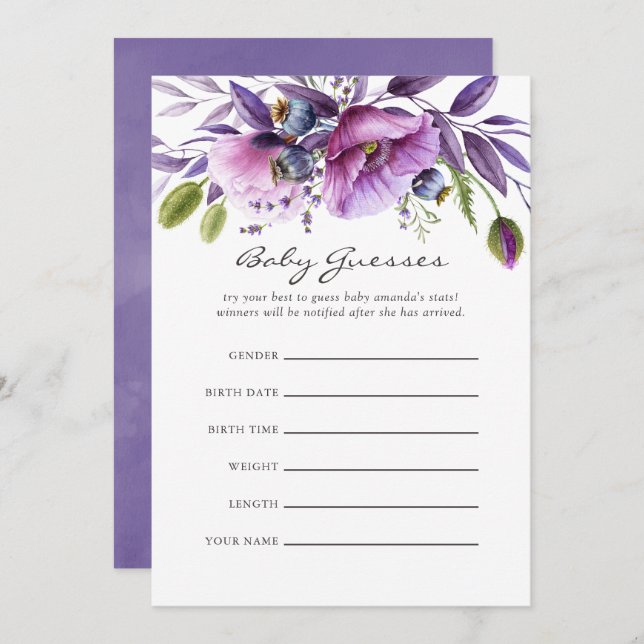 Convites Adivinhações De Chá de fraldas Floral Violet Poppy (Frente/Verso)