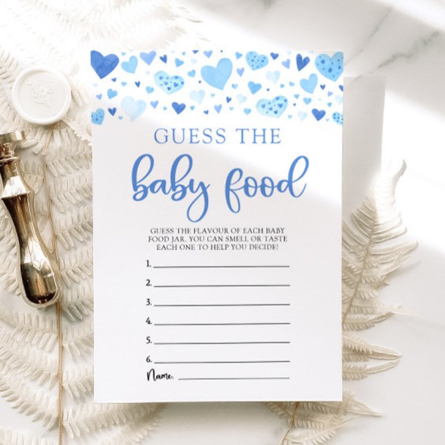 Convites Adivinhe o Jogo de Comida de Bebê do Dia dos Namor (Watercolor Cute Blue Hearts Valentine Sweetheart February Boy Guess the Baby Food Baby Shower Game )