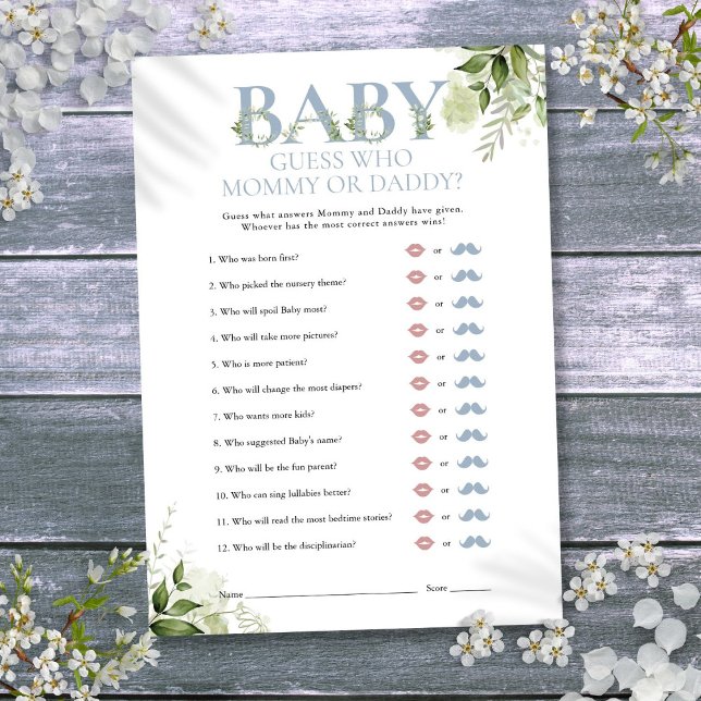 Convites Adivinhe Quem é a Mamãe Papai Bebê Jantar de Bebê  (Guess Who Mommy Daddy Greenery Baby Shower Game Invitation)