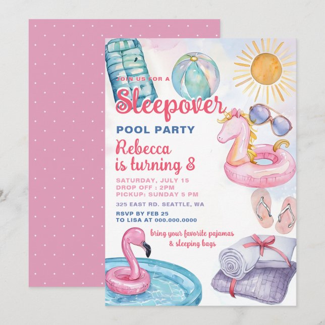 Convites Adolescente de Piscina do Sumber, Festa Rosa, Jove (Frente/Verso)