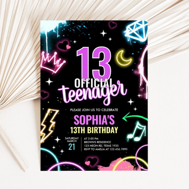 Convites Adolescente Neon Terceira Festa de aniversário (Neon Teenager 13th Birthday Party Invitation)