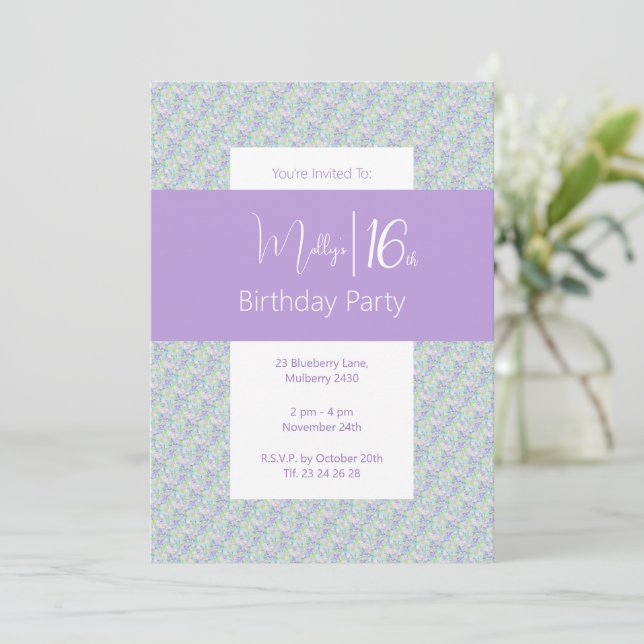 Convites Adolescentes Verdes Púrpuras Florais 16.º Aniversá (Em pé/Frente)
