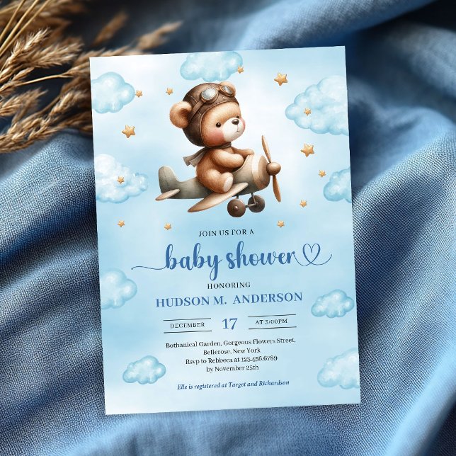 Convites Adorable blue aviator teddy bear boy baby shower  (teddy bear PILOT baby shower,
bear theme baby shower invitation,
baby boy blue brown gold,
watercolo)