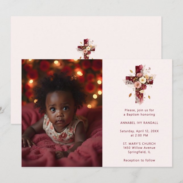 Convites Adorable Burgundy Glitter Floral Cross Baptism (Frente/Verso)