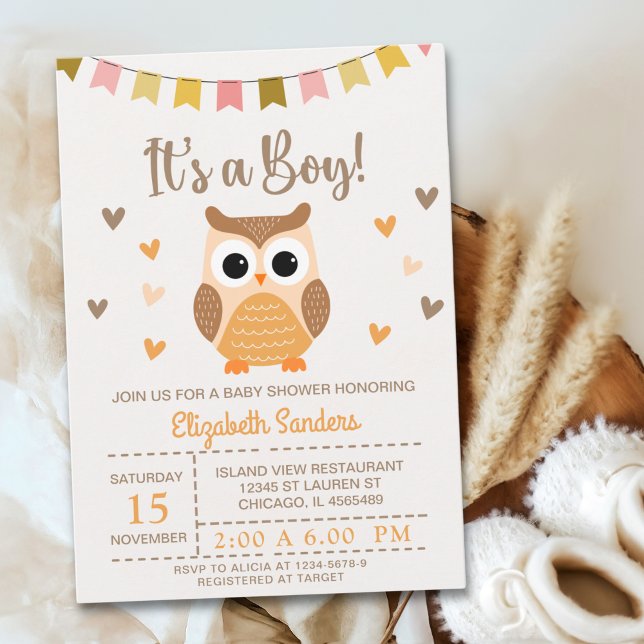 Convites Adorable Owl Baby Shower Invitation – 'It's a Boy' (Criador carregado)