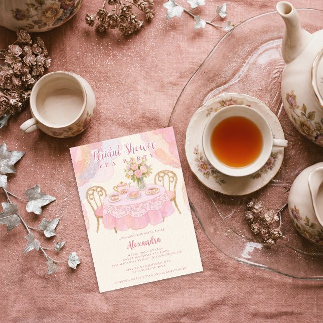 Convites Adorable Pastel Pink Tea Party Bridal Shower (Adorable Pastel Tea Party Illustration Invitation Card Design for Bridal Shower in Pink Tones.)