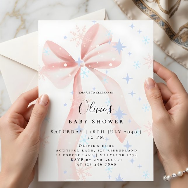 Convites Adorable Pink Bow & Snowflakes Baby Shower  (Criador carregado)
