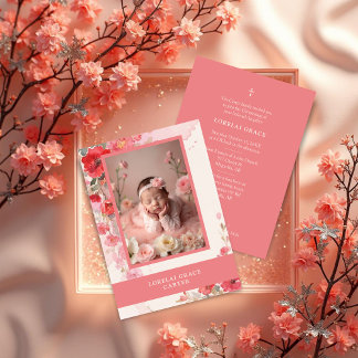 Convites Adorable Sweet Colorful Coral Floral Photo Baptism