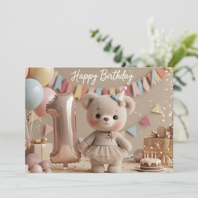 Convites Adorable Teddy Bear First Birthday Invitation (Em pé/Frente)